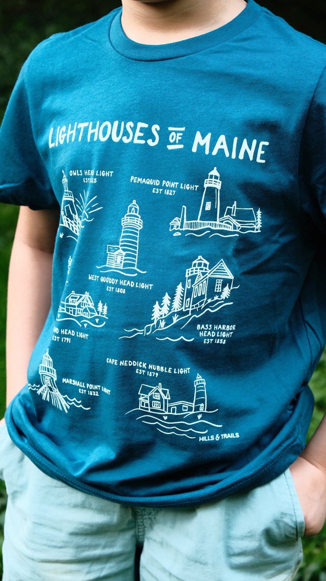 Lighthouses of Maine Kids Tshirt - Sea Blue
