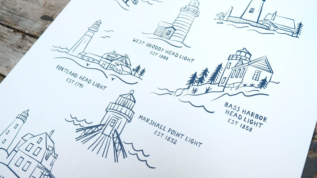 Lighthouses of Maine White Print | 18x14