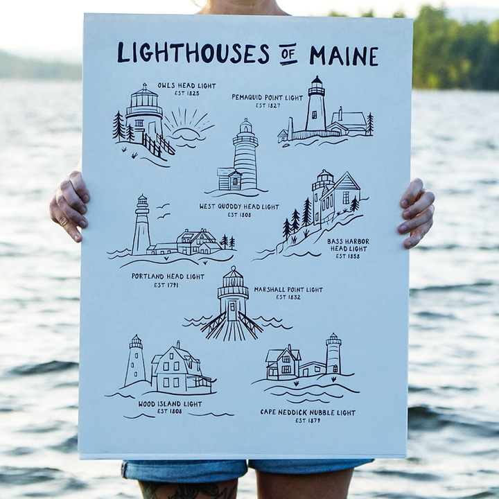 Lighthouses of Maine White Print | 18x14