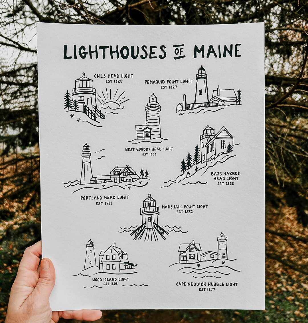 Lighthouses of Maine White Print | 11x14