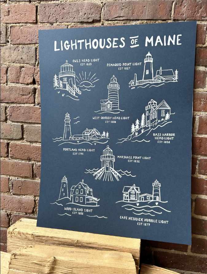 Lighthouses of Maine Navy Print | 18x24