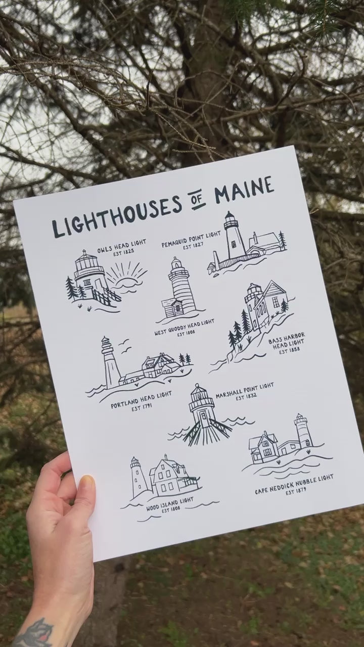 Lighthouses of Maine White Print | 11x14